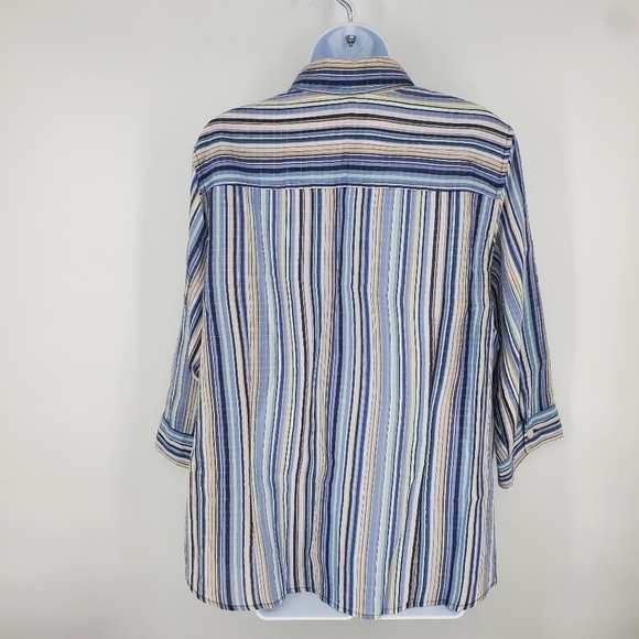 Liz Claiborne Blue Multi Stripe Crinkle 3/4 Sleeve Button Down Women 2X Shirt - Picture 8 of 9